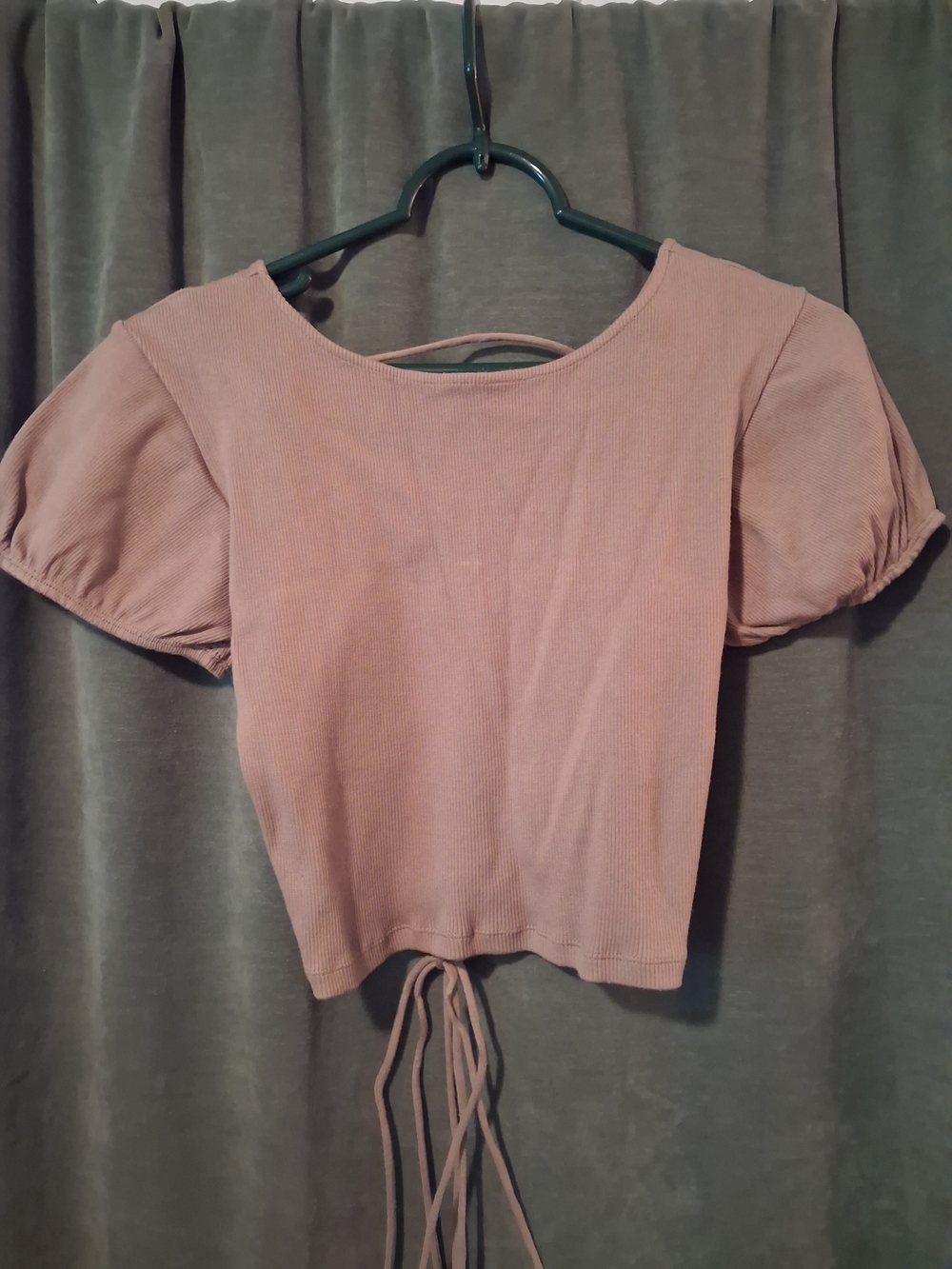 Motel Ribbed Puff Sleeve Crop Top with Back Tie